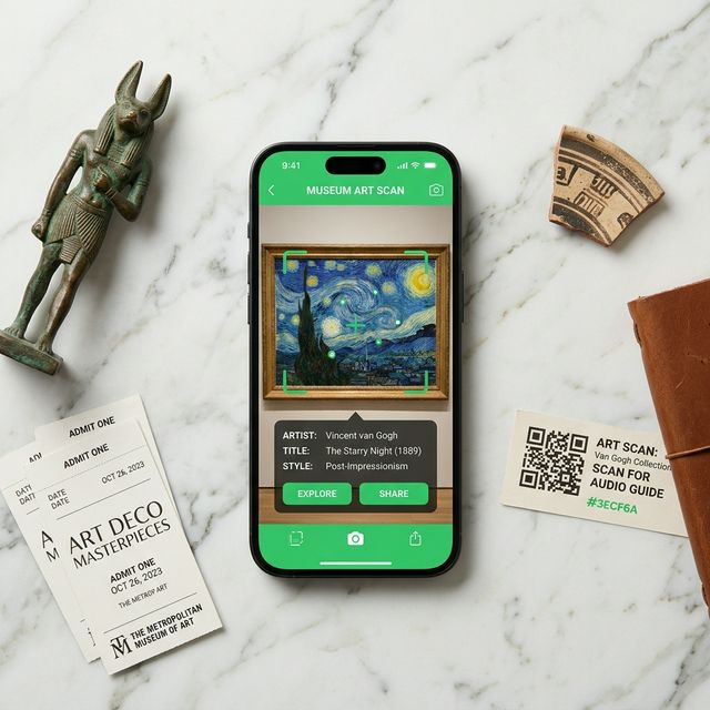 Overhead view of a smartphone displaying Gestalt's AR art recognition interface alongside museum artifacts
