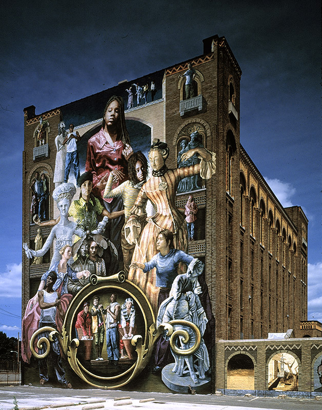 Common Threads — eight stories of classical figurines and Philadelphia teenagers painted across a brick building at Broad and Spring Garden